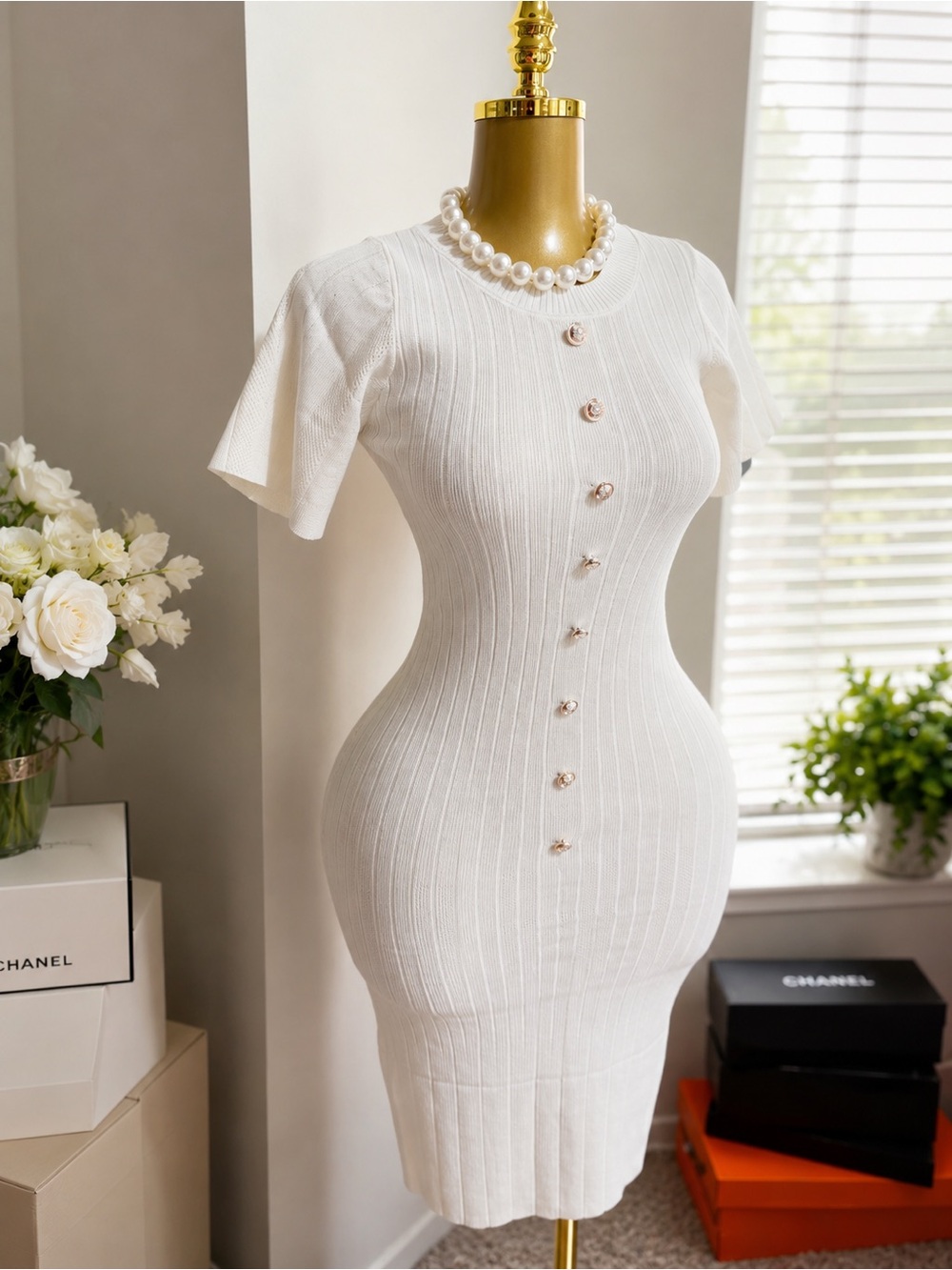 Fitted White Ribbed Button-Front Midi Dress